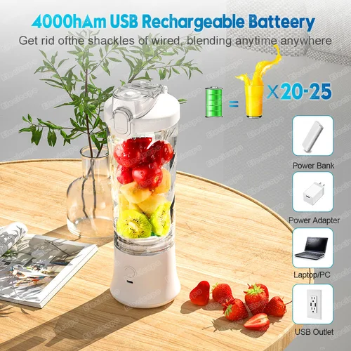 휴대용 블렌더 믹서기, 600ML 전기 과즙 짜기, 과일 미니 블렌더, 쉐이크 및 스무디, 스포츠, 야외 여행용 6 블레이드 4