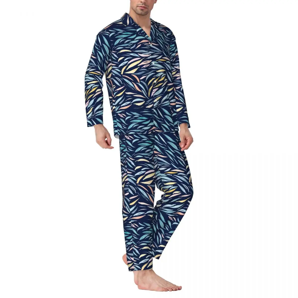 

Пижамный комплект в стиле ретро, милая Пижама с абстрактным принтом листьев, с длинным рукавом, ночное белье из 2 предметов, большие размеры 2XL