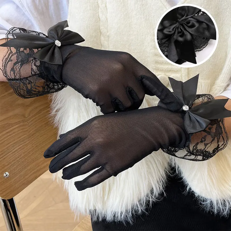 

Girls Lolita Black White Mesh Bow Lace Gloves Summer Elegant Women Elastic Short Driving Gloves Wedding Bridal Sunscreen Mittens