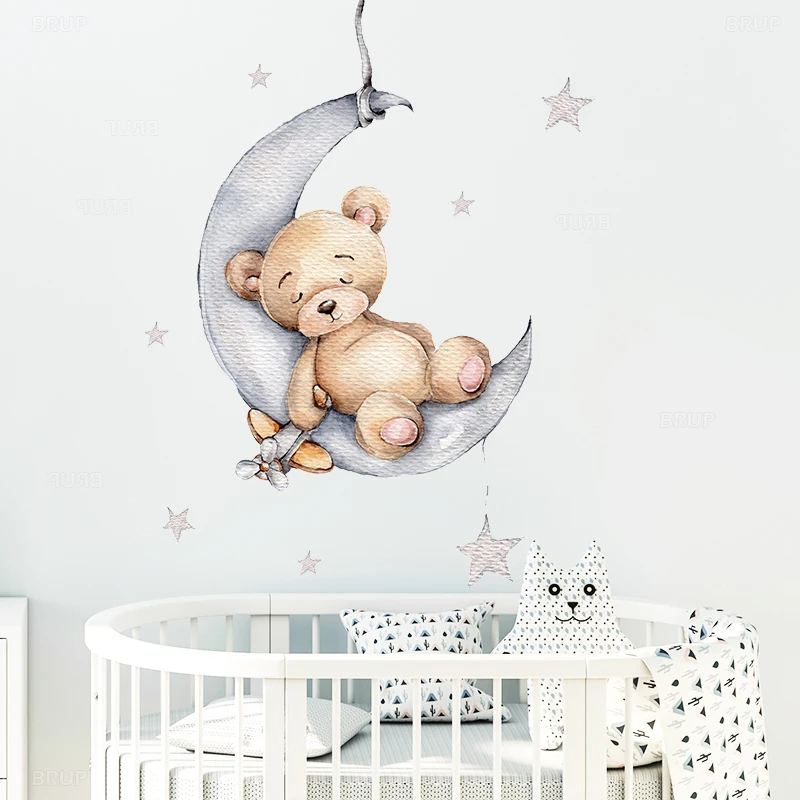 Cartoon Teddy Bear Sleeping on the Moon and Stars Wall Stickers for Kids Room Baby Room Decoration Wall Decals Room Interior 1