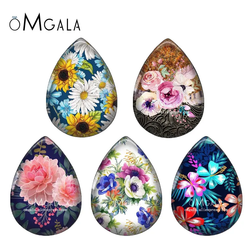 

5 пар винтажных акварельных цветочных узоров, кабошон из стекла в форме капли воды, серьги «сделай сам» с плоским основанием, фурнитура для изготовления ювелирных изделий, аксессуары