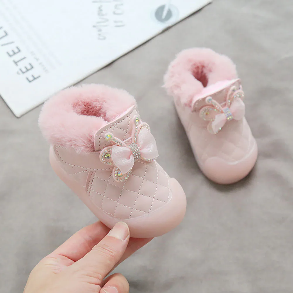Winter Plush Toddler Shoes For Baby Girls Rhinestone Butterfly Princess First Step Footwear Thick Warm Cotton Shoes For Infant