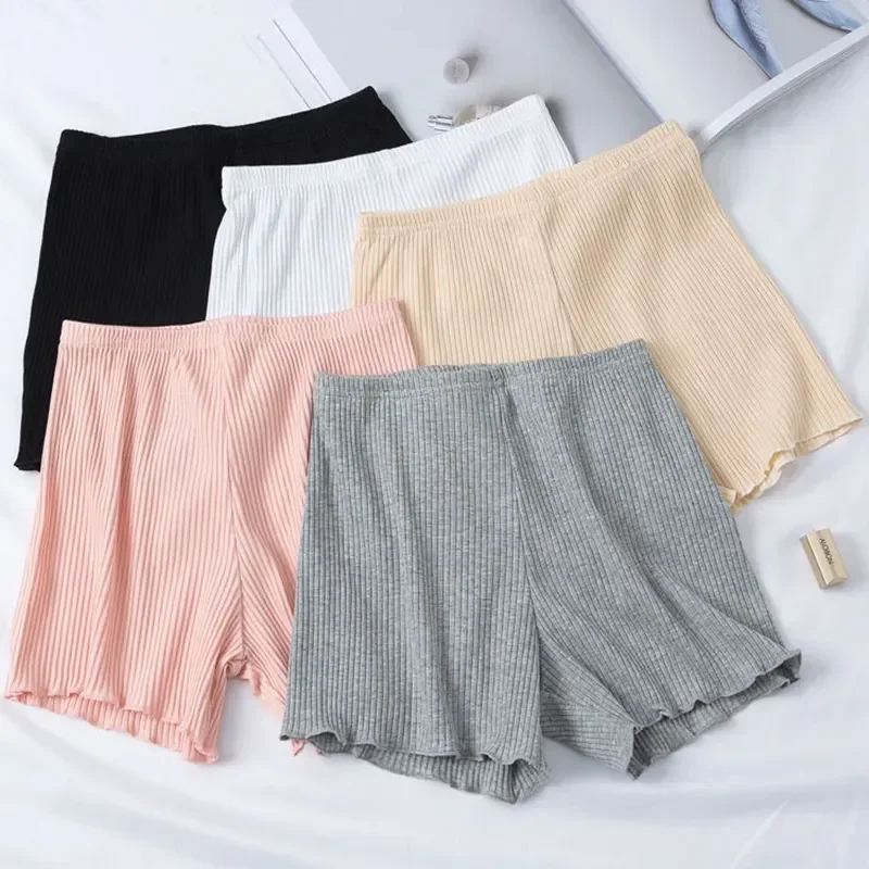 

Striped Ribbed Underwear Shorts Cotton Women's Outer Leggings Three-point Thread Stretchy Safety Ruffled Women Wear Pants