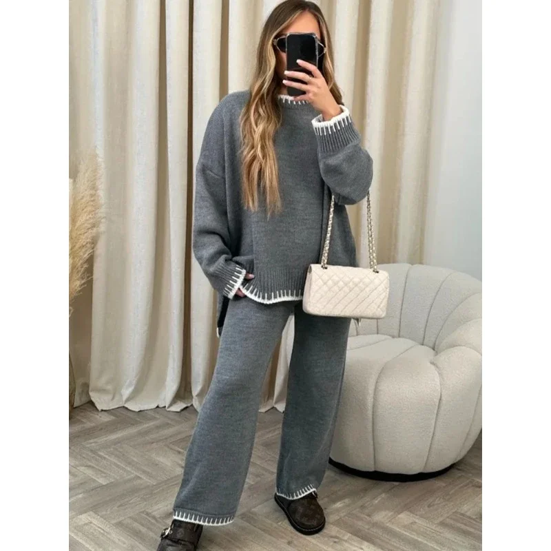 Striped Elegant Women Knitted Suit Split Sweater Top and Elastic High Waist Straight Pants 2 Pieces Set Female Autumn Winter