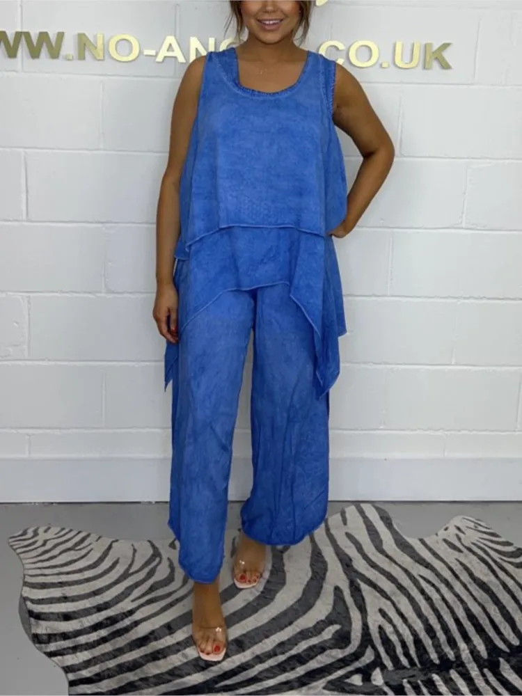 Solid Color Pants Sets Women Fashion Casual Irregular Sleeveless Two-piece T-shirt Wide Legs Trousers Three Piece Set Female New