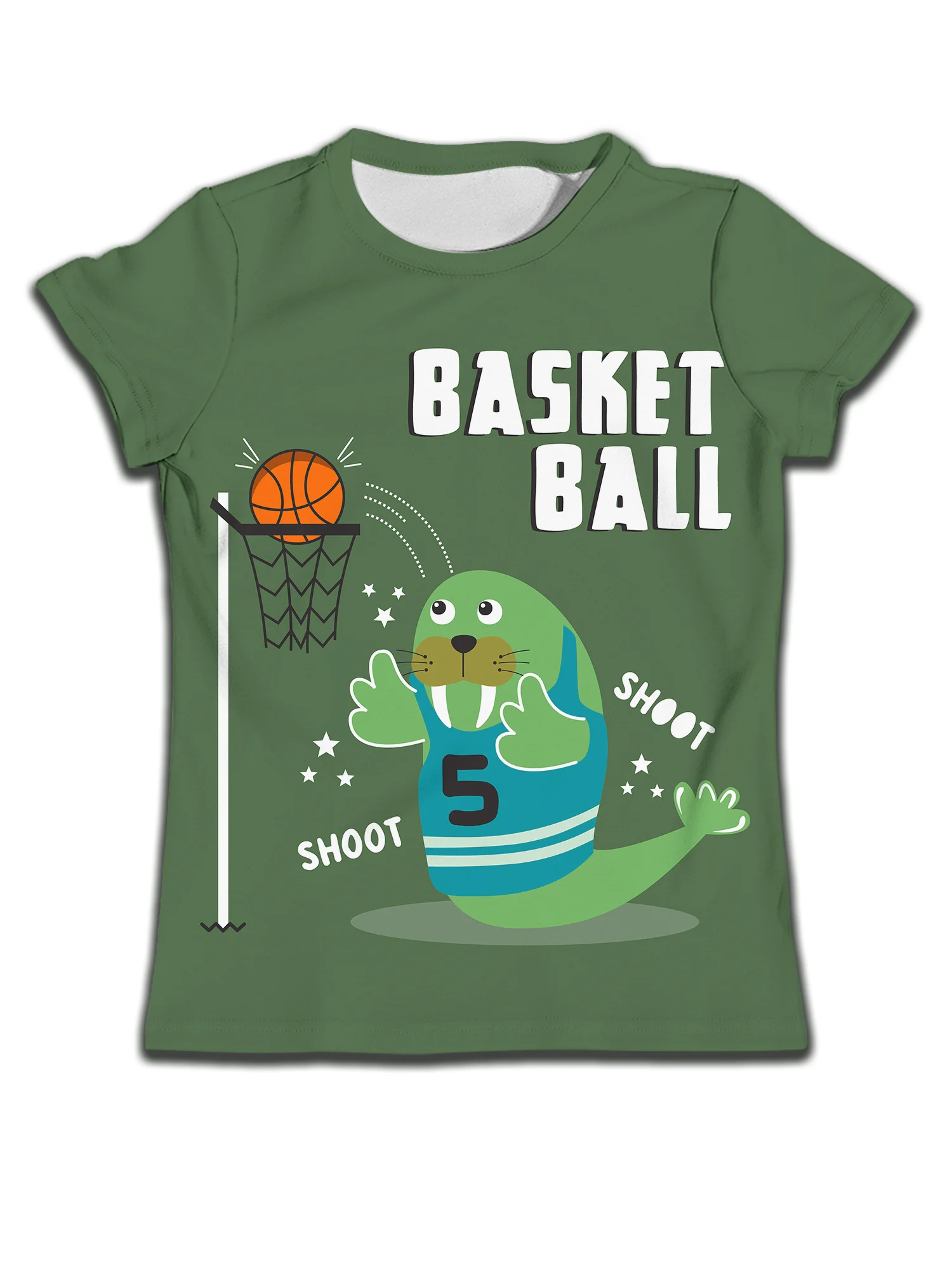 

Fun Sea Lion Play Basketball Casual T Shirt Kids Boy Child Tee Cartoon Boys Children's Things for Girl Green Clothing Girls Tops