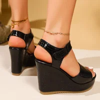 Patent Leather Wedge Heel Sandals for Women 2025 Summer Black Chunky Platform Sandals Woman Anti Slip Thick Bottom Beach Shoes - Image 3