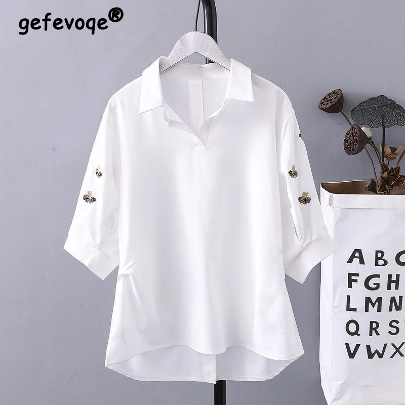 Funny Kawaii Bee Embroidery V Neck Short Sleeve Shirt for Women 2023 Summer Casual Black White Ruffle Loose Chiffon Blouses Tops