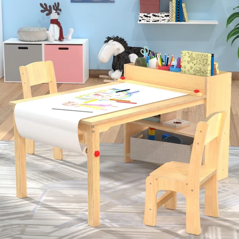 Kids Art Table and 2 Chairs, Wooden Drawing Desk, Activity & Crafts, Children's Furniture