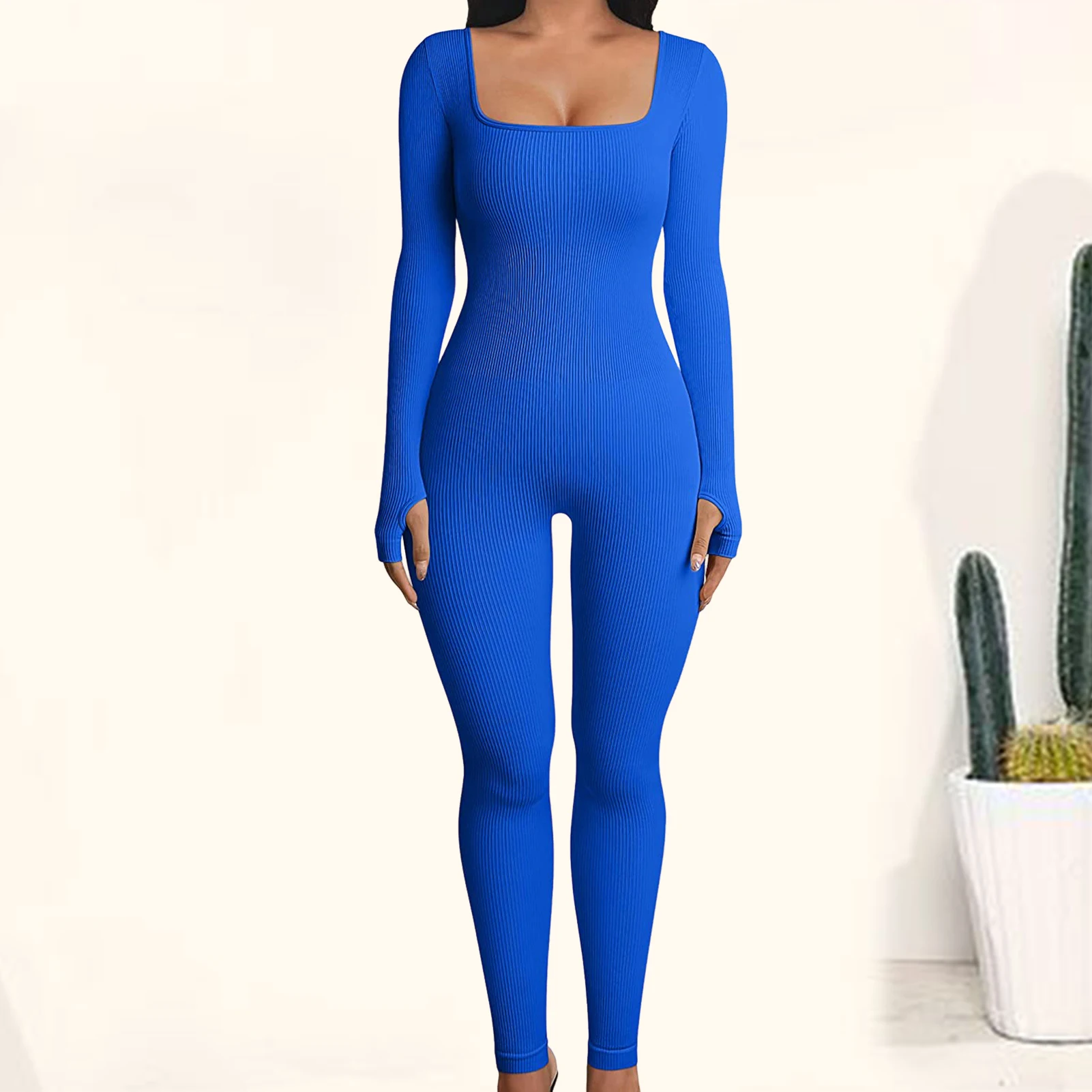 WomenYogaJumpsuitsSquareNeckLongSleeveJumpsuitButtocksLifting