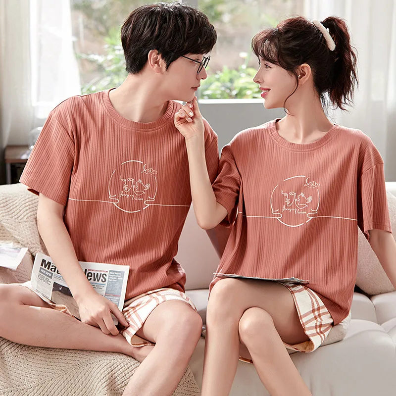 Women's pajamas Summer Cotton Sleepwear for Couples Short Men's Pijama Cartoon Printed loungewear pyjama pour femme