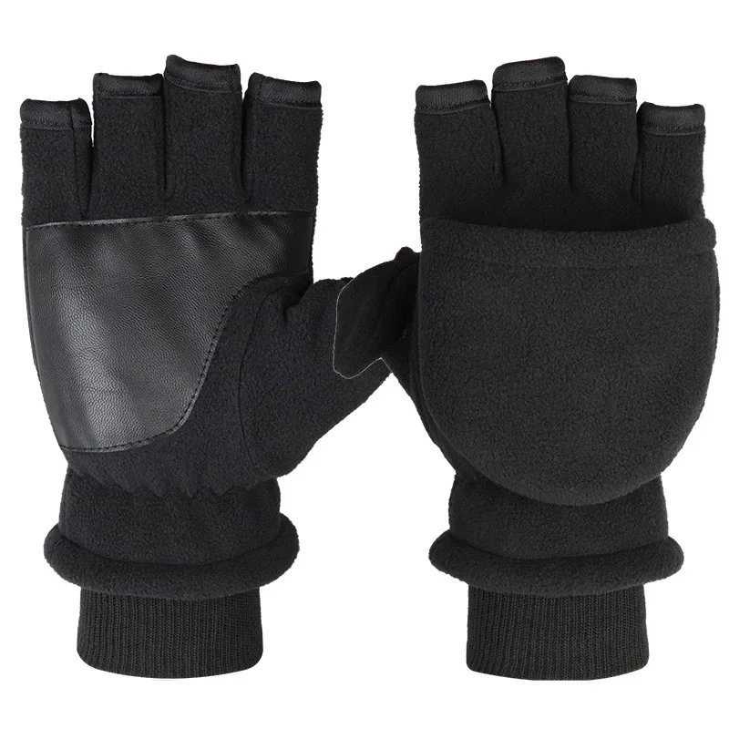 Winter warm Gloves Fingerless Convertible Thermal Mittens Gloves Windproof Polar Fleece Warm men women double-layer Flap Gloves 2