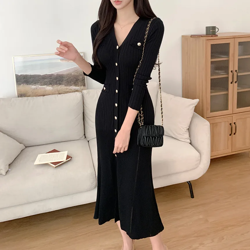 Korean Chic Knitted Dresses for Women V-neck Long Sleeve Slim Bodycon Ruffles Party Dress Casual Autumn Winter New Vestidos