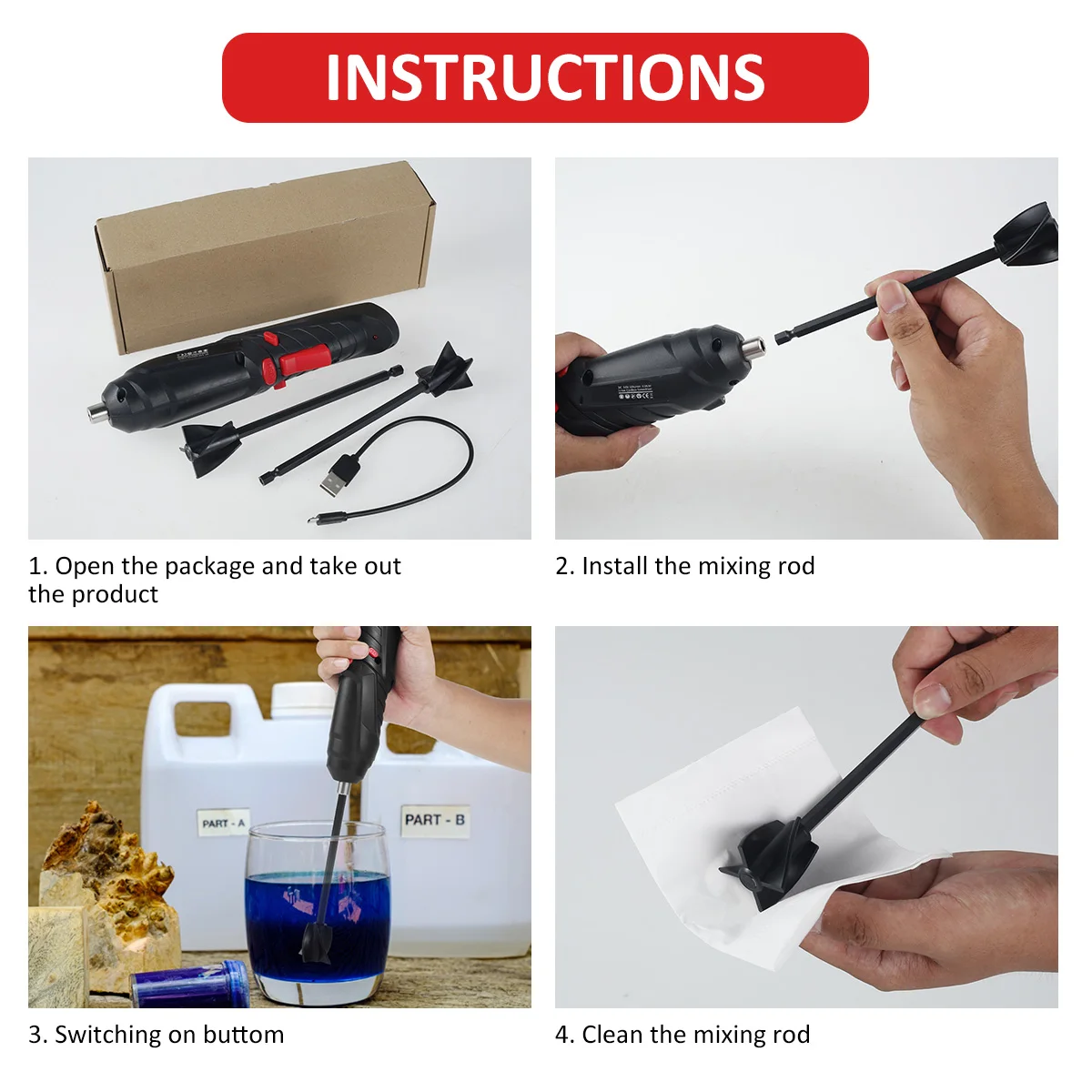 Epoxy Resin Mixer Electric Epoxy Resin Mixer Handheld USB Charging Resin Stirrer with 2 Reusable Stirring Paddles for 1/4in Drills