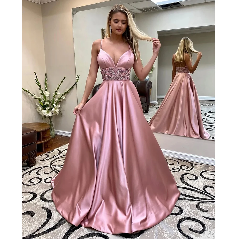 

Pink Evening Dress Sleeveless Spaghetti Strapless Appliques Beading Floor Length Satin Formal Occasion Pretty Women Vestidos