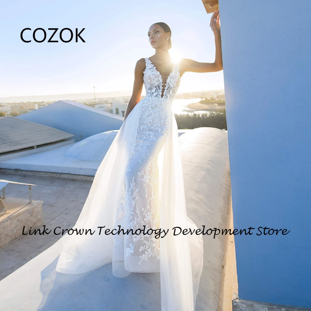 

COZOK Sexy V Neck Mermaid Wedding Dresses for Women 2024 Summer Sleeveless Bridal Gowns with Lace Court Train Vestidos De Novia