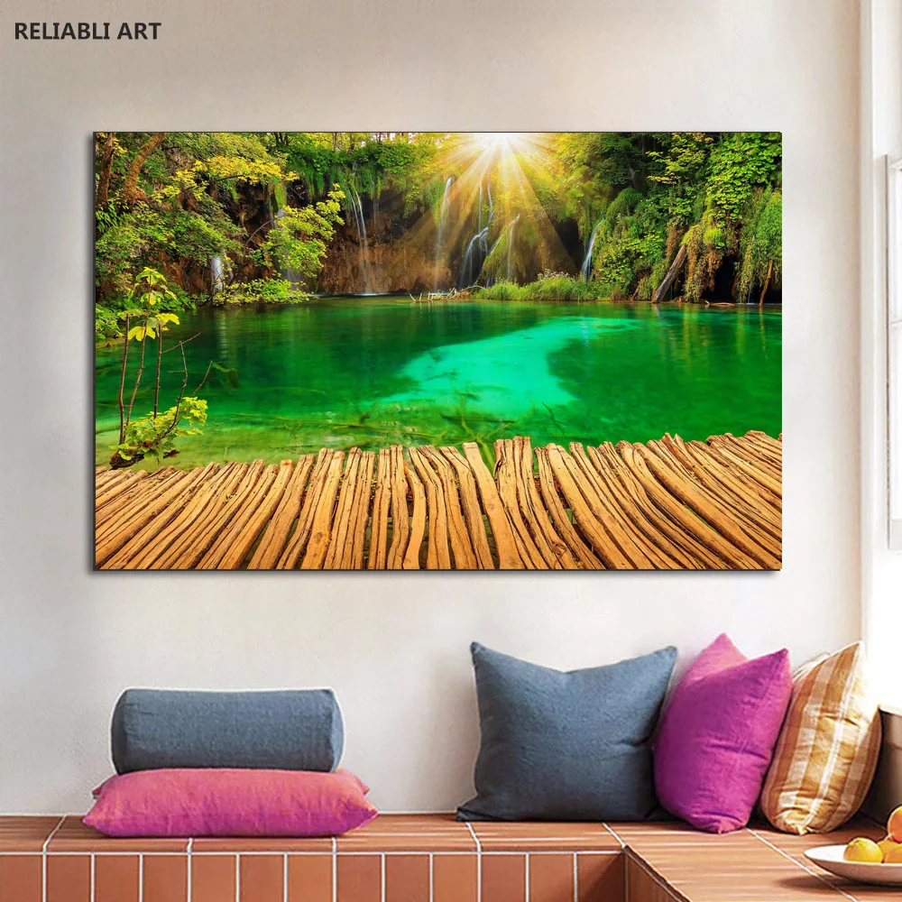 Montagne E Lago Ponte In Legno Natura Paesaggio Poster Su Tela Stampe Scandinave Wall Art Picture Living Room Decor