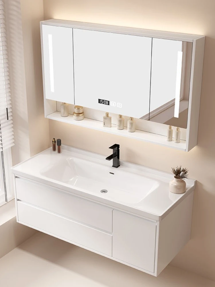 L Modern smart bathroom cabinet combination ceramic integrated basin solid wood mirror cabinet simple bathroom sink set