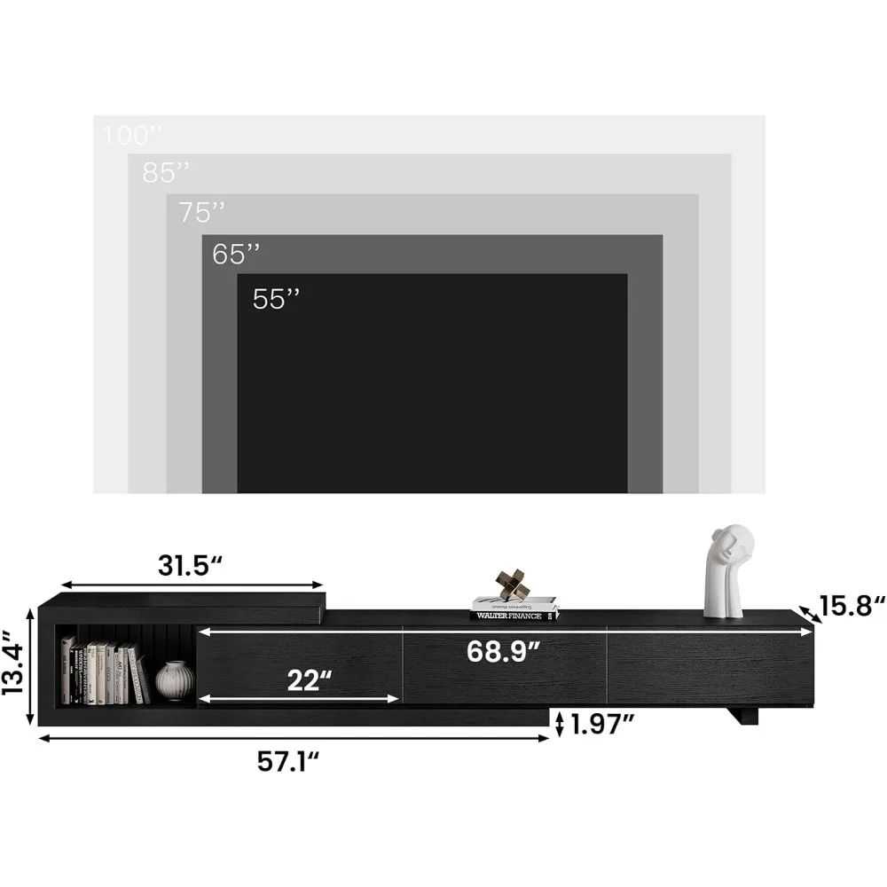 70"-100" Extendable TV Stand with Storage Solid Wood Media Console Modern Retractable Entertainment Center Low Reversible