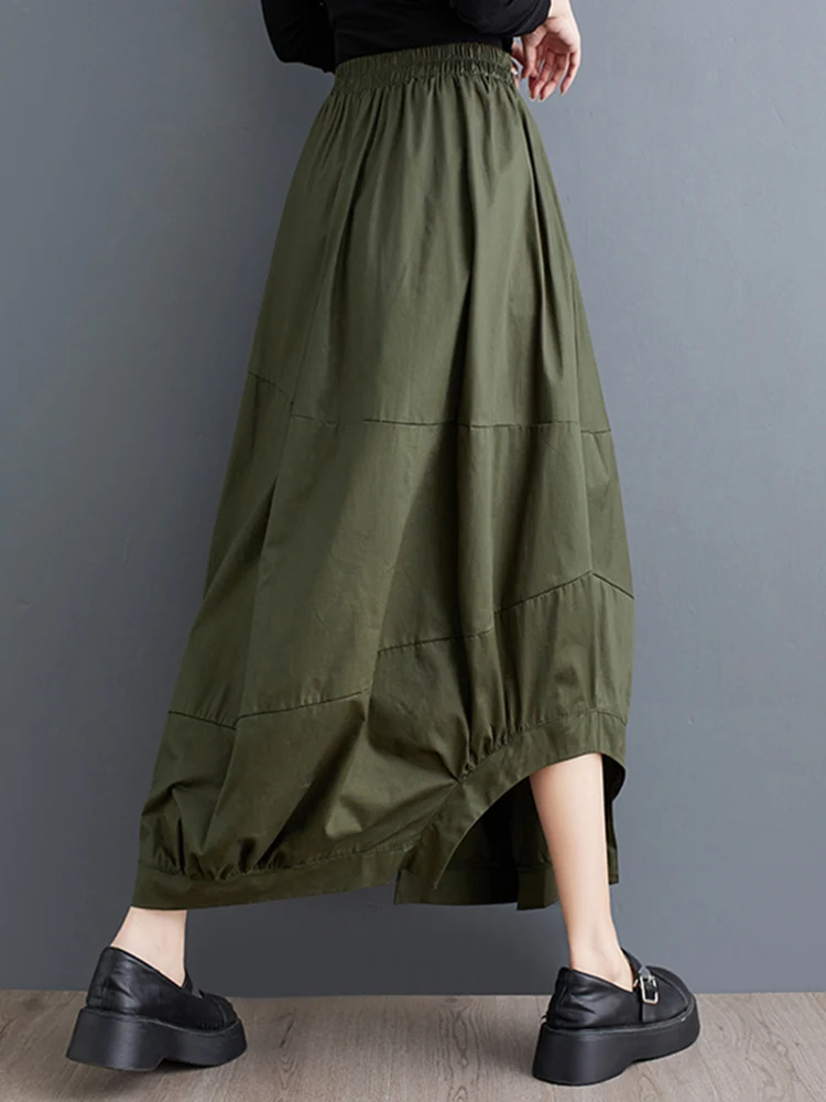 Asymmetrical Green Vintage High Waist Skirt Women New Korean Loose Casual Midi Skirts Fashion Elegant Clothes Summer Autumn 2025