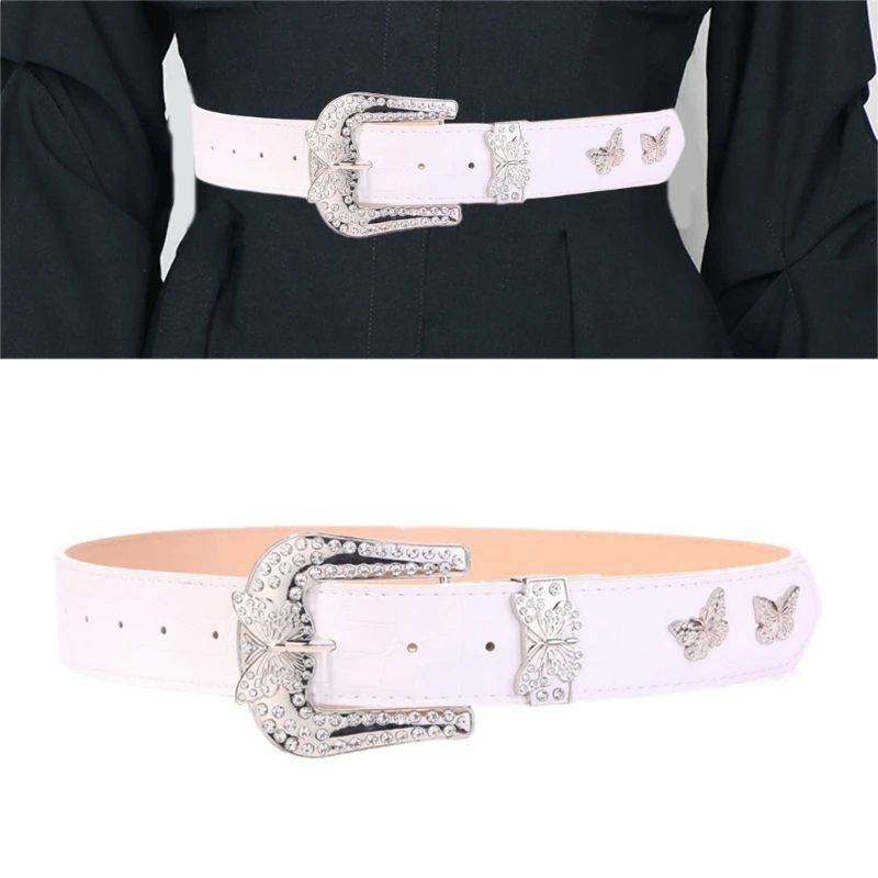 

Eye Catching Waist Belt with Diamond Butterfly Buckle Adult PU Waist Belts for Women Coat Dress Adjustable Length