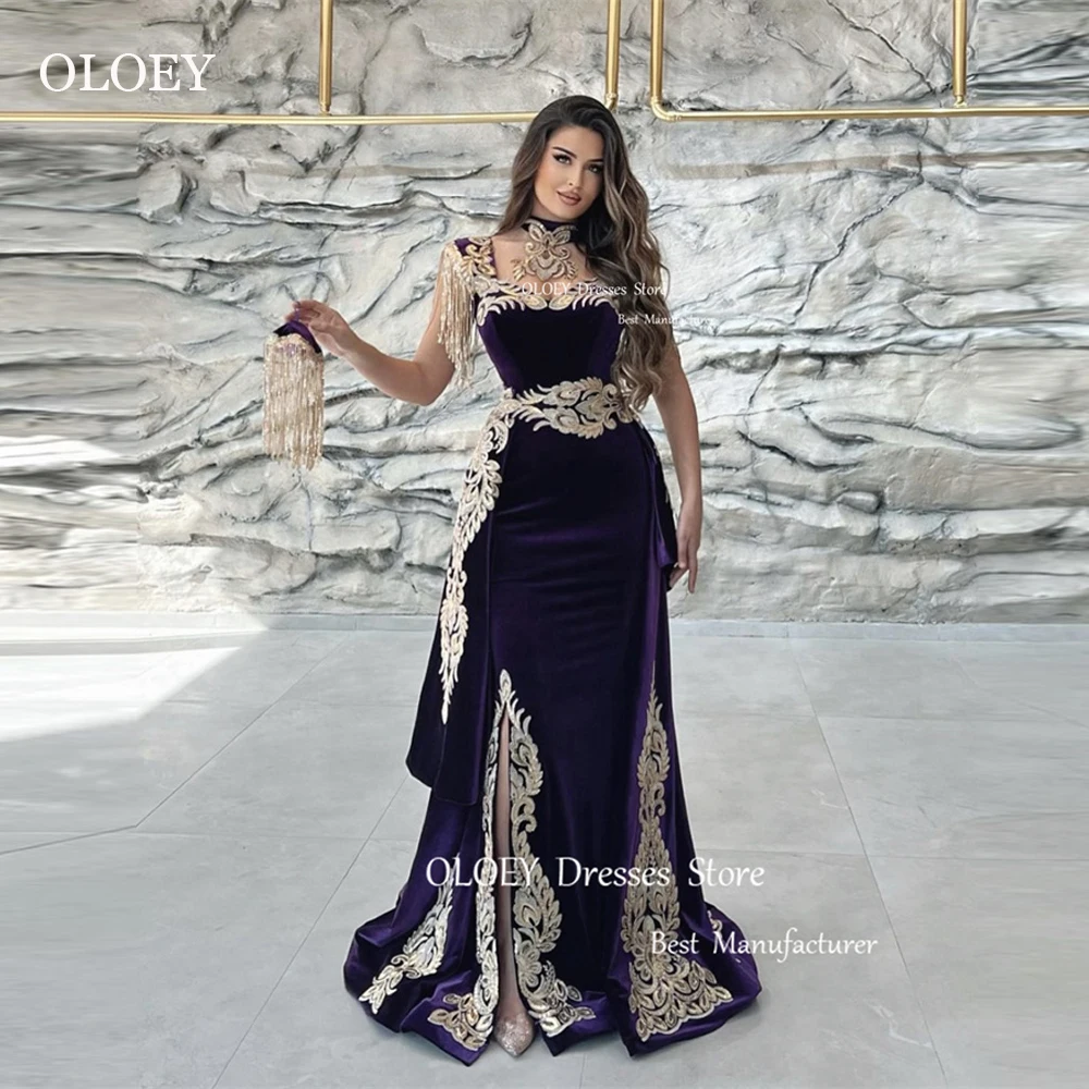 

OLOEY Elegant Purple Velvet Mermaid Prom Dresses Applique Lace Detachable Train Straps Kaftan Dubai Arabic Women Evening Gowns