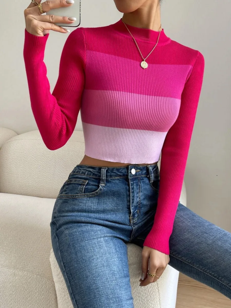 

2023 New Autumn Winter Women Long Sleeve Ribbed Crop tops Sweater Femme Knitwears Clothes Pullovers Gradient Tight Rose stripe