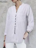ZANZEA Women Vintage Striped Blouse Summer 3/4 Sleeve Loose Shirt Fashion V-Neck Button Up Tops Elegant Blusas Femme Tunic Mujer - Image 4