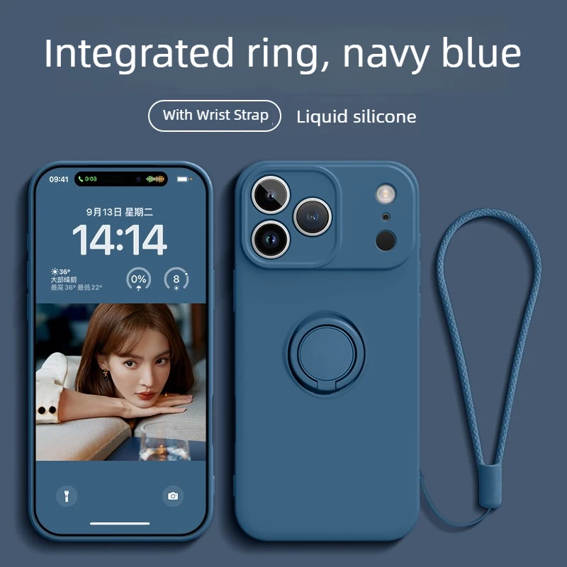 Liquid Silicone Phone Case with Ring Holder, Wrist Strap, and Shockproof Protection