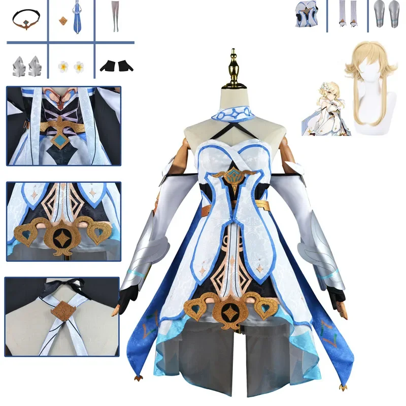 

Game Genshin Impact Lumine Cosplay Costumes Dress Uniform Halloween Clothes Unisex Belt Socks Foot Cover Headgear Gloves