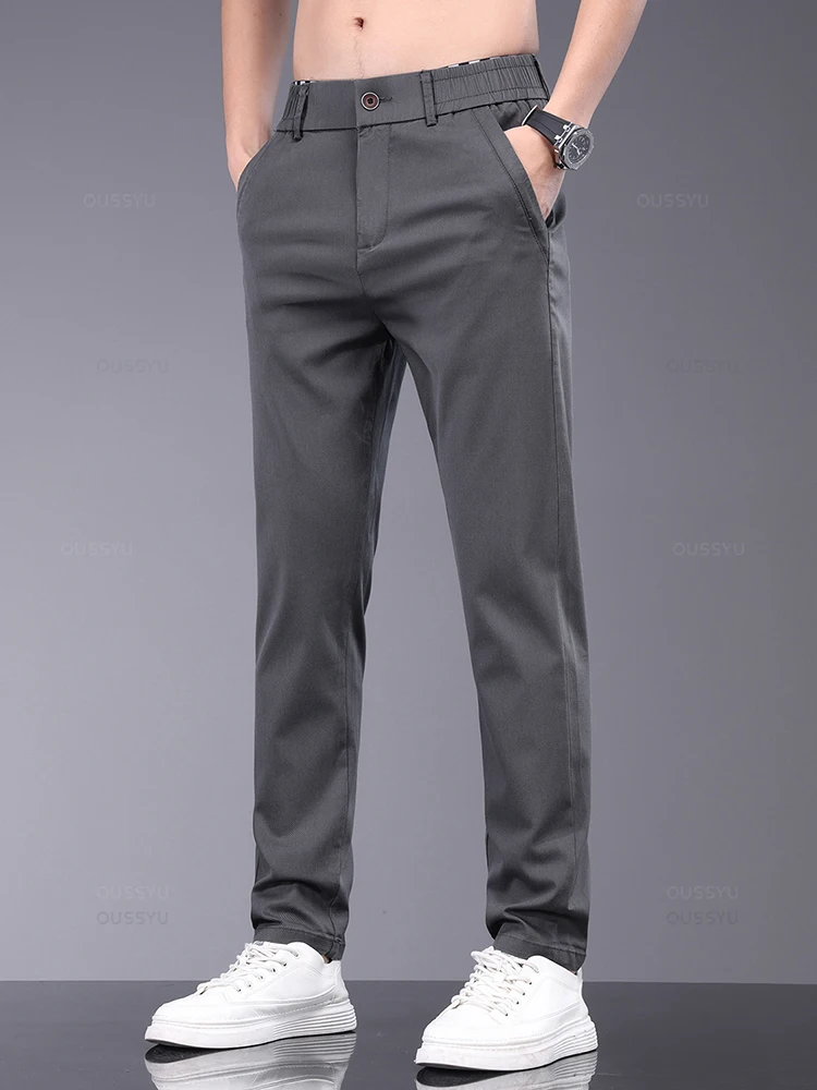 Brand Clothing Summer Soft Stretch Bamboo Fiber Fabric Men's Casual Pants Thin Slim Elastic Waist Business Grey Trousers Male 38