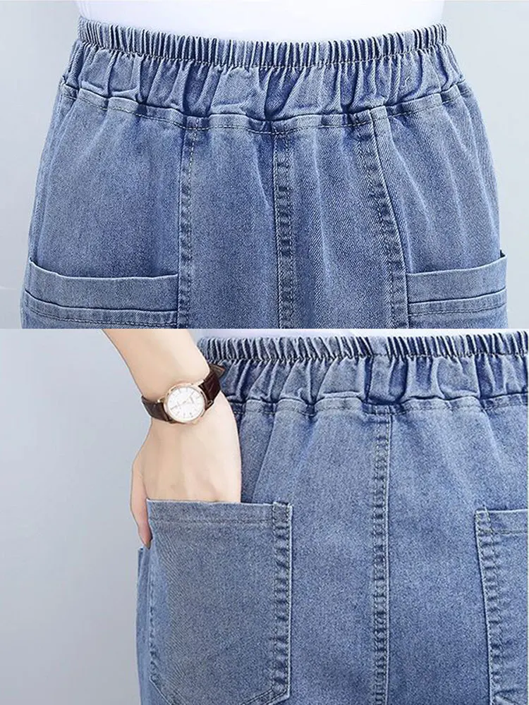 Casual Elastic High Waist Harem Jeans Women Oversize M-4XL Jogger Vaqueros Ankle-Length Denim Pants Mom Korean Baggy Pantalones