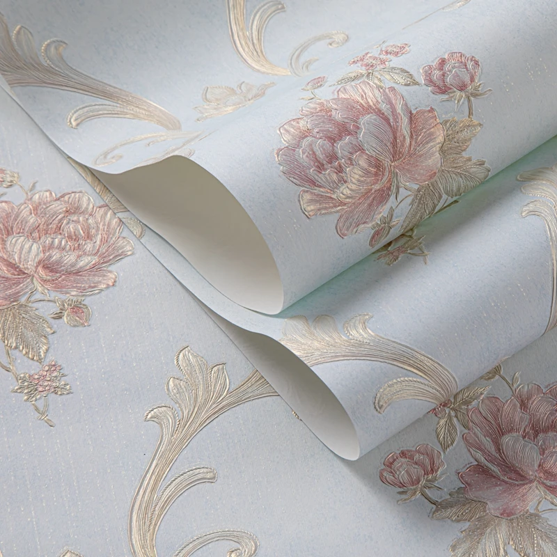 

New 3D European-style Floral Non-woven Wallpaper Delicate Embossed Damascus Wedding Room Princess Room Pink Floral Wallpaper