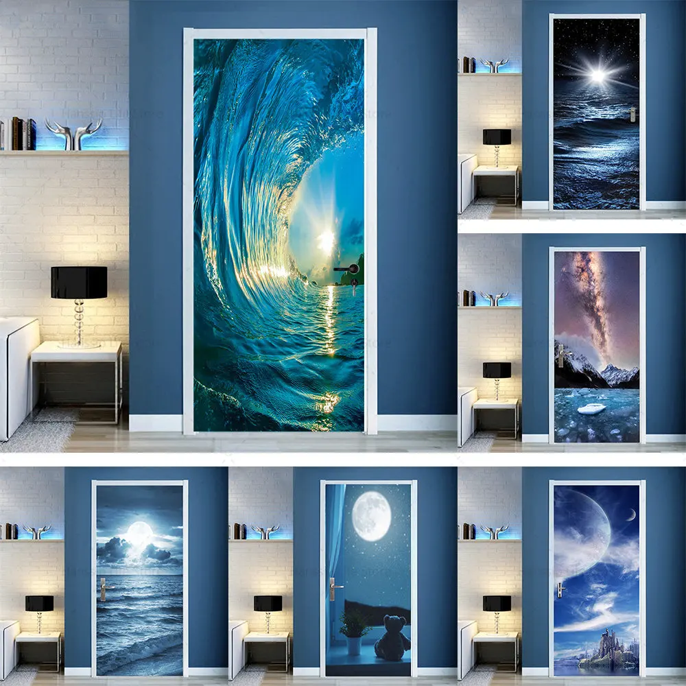 

Star universe moon sea view door stickers surround relaxation wallpaper self-adhesive bedroom living room