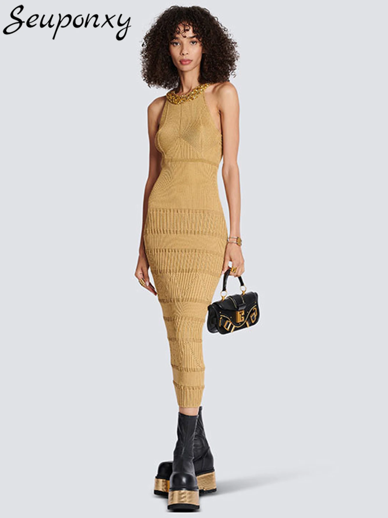 

High Quality 2023 Summer Sleeveless Sexy O-Neck Luxury Sequin Beaded Knitted Midi Dress Fashion Women's Casual Dress Vestidos