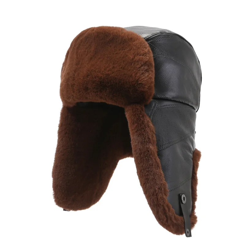 

100% Natural Real Cowskin Leather Bomber Hats Ear Protection Warm Winter Caps Russian Fur Ski Hunting Trapper Cap with Ear Flaps