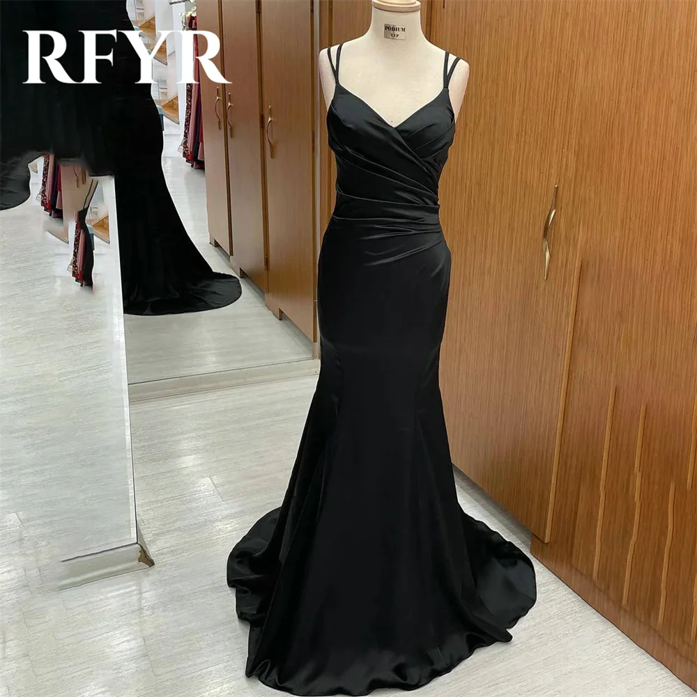 

RFYR Simple Black Party Dress Mermaid Sexy Night Dresses with Pleats Satin Spaghetti Strap Celebrity Dresses vestidos de fiesta