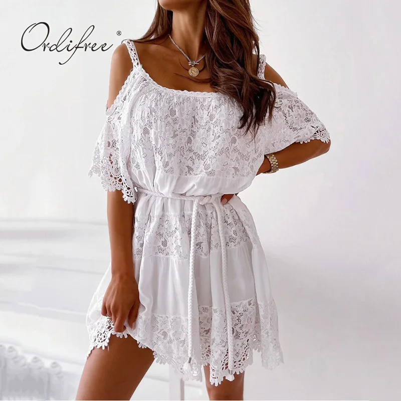 

Ordifree 2022 Summer Women Off Shoulder White Dress Lace Crochet Belted Loose Mini Beach Dress