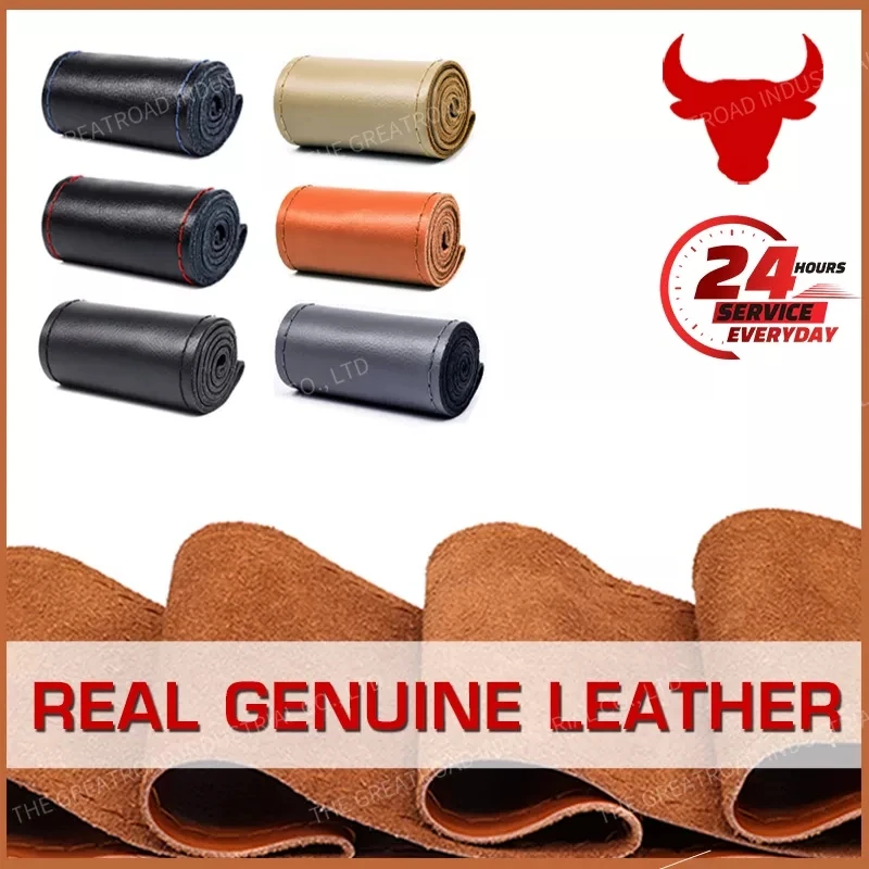 Steering Wheel Cover 38cm 15inch Real cowhide Genuine Leather Car Steering Wheel Braid Cover Hand-stitched Soft Non-slip Auto Interior car products