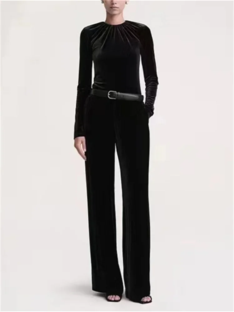 

Women's Pants 2023 New Winter Fall Velvet Elastic Waist Lining Solid Color Loose Casual Straight Trousers