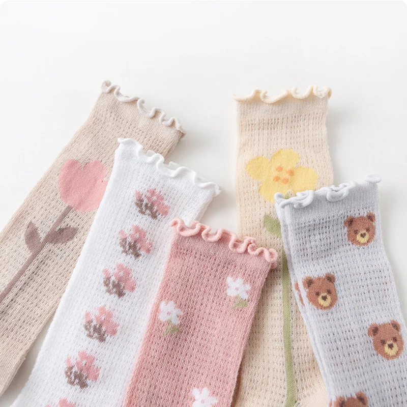 Summer Baby Girls Sock Cartoon Bear Aesthetic Floral Knee High Sock for Toddler Girls Soft Cotton Mesh Breathable Stockings