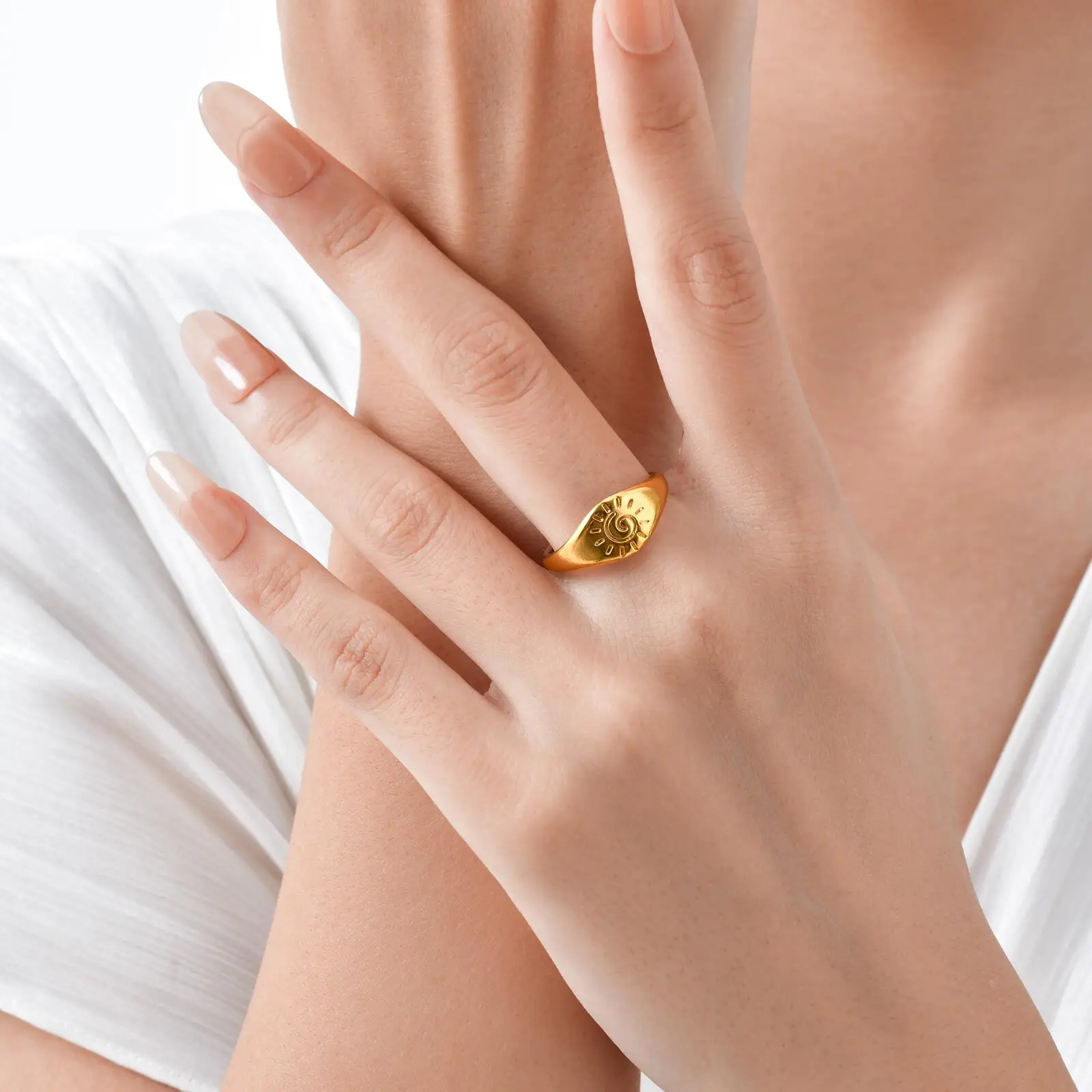 Stainless Steel Tail Ring for Men Women,Gold Color Irregular Sun Pinky Ring,Stylish INS Style Signet Ring Gift