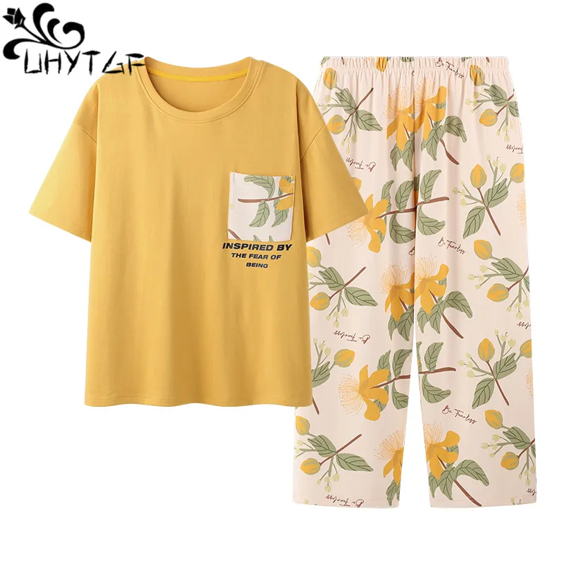 

Хлопковая пижама UHYTGF, женский тонкий комплект из двух предметов с принтом, летняя пижама для девочек, Женская домашняя одежда с коротким рукавом и круглым вырезом, 2642