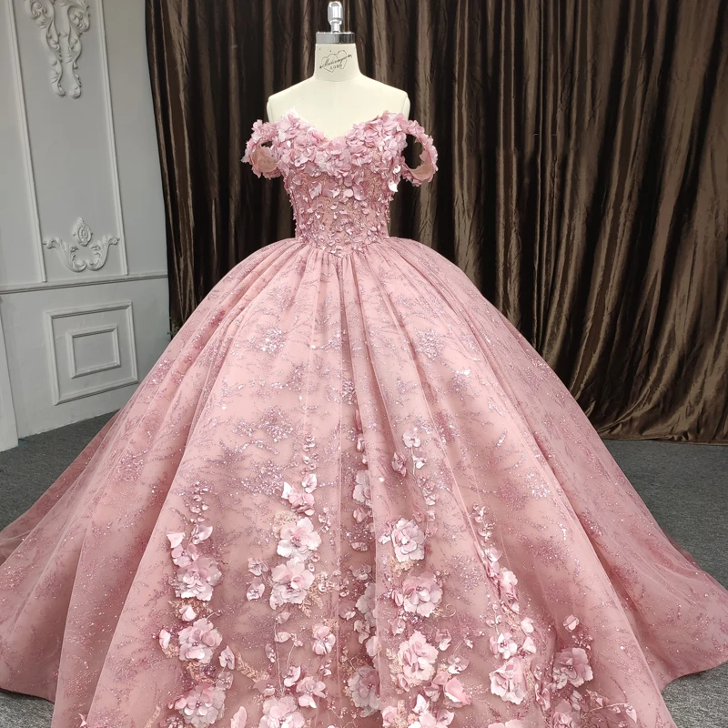 Flower Fairy High-end Blushing Pink Prom Dresses 2022 Ball Gown  Off-The-Shoulder Pearl Lace Flower Appliques Short Sleeve Backless Court  Train Formal Dresses