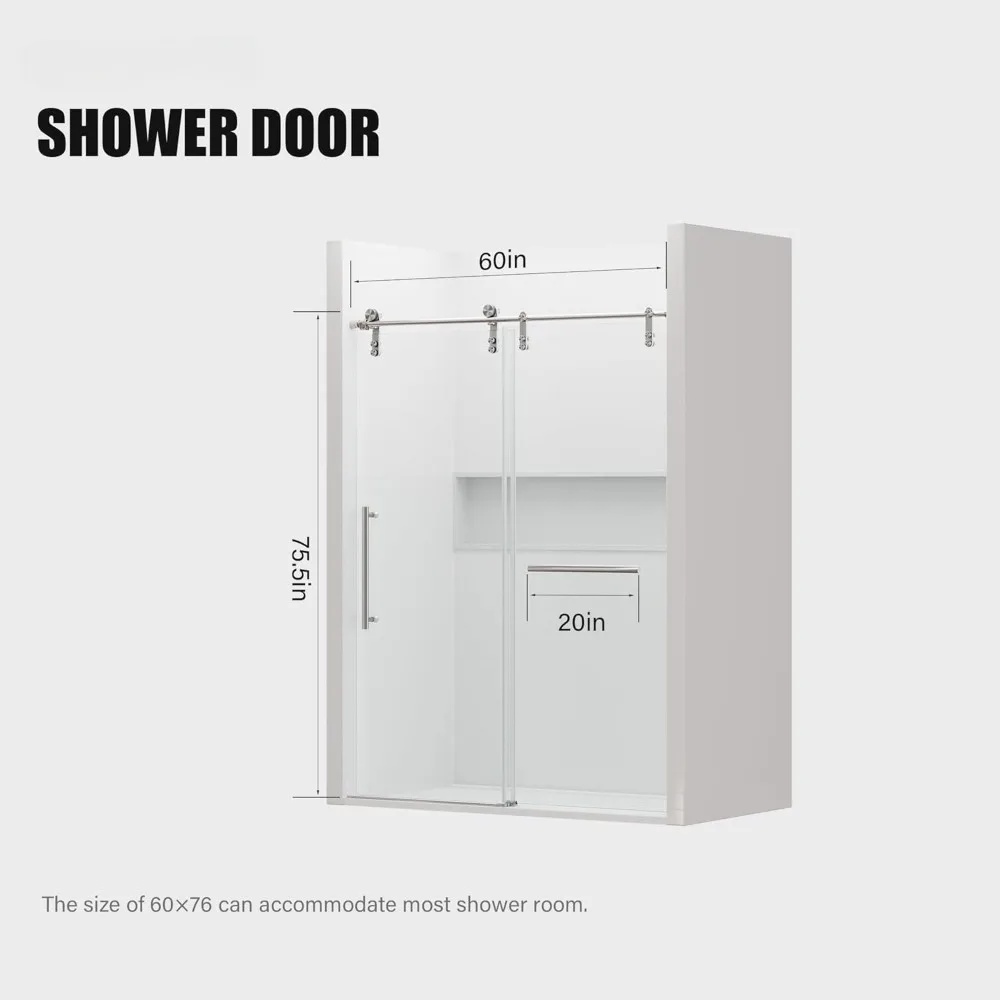 Sliding Shower Door, 56-60“ W X 76” H, Clear Tempered Glass, Frameless with Handle and Waterproof Seal, Sliding Shower Door 6
