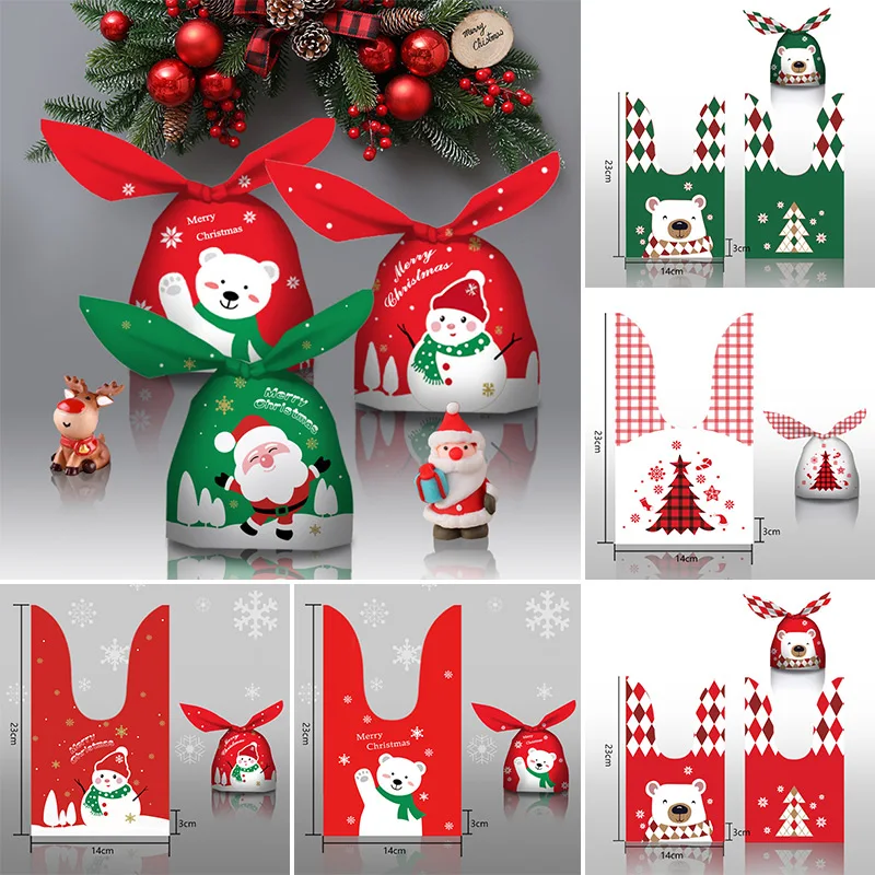 10Pcs Christmas Rabbit Ear Plastic Bags New Year Candy Gift Bag Xmas Decoration Packaging Bags For Cookies Snack Biscuits