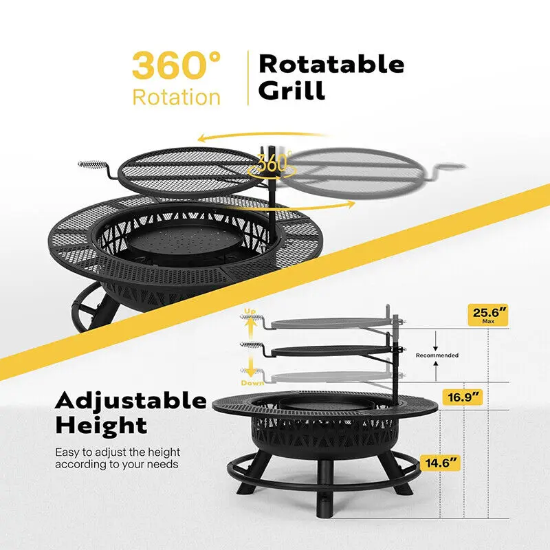 35'' Fire Pit w/ Cooking Grill Grate, Charcoal Pan & Cover Wood Burning Firepits