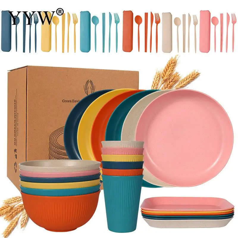 

Multiple Wheat Straw Cutlery Set Portable Camp Dishes Dinnerware Fork Spoon Chopsticks Picnic Knife Bowl Microwaveable Tableware