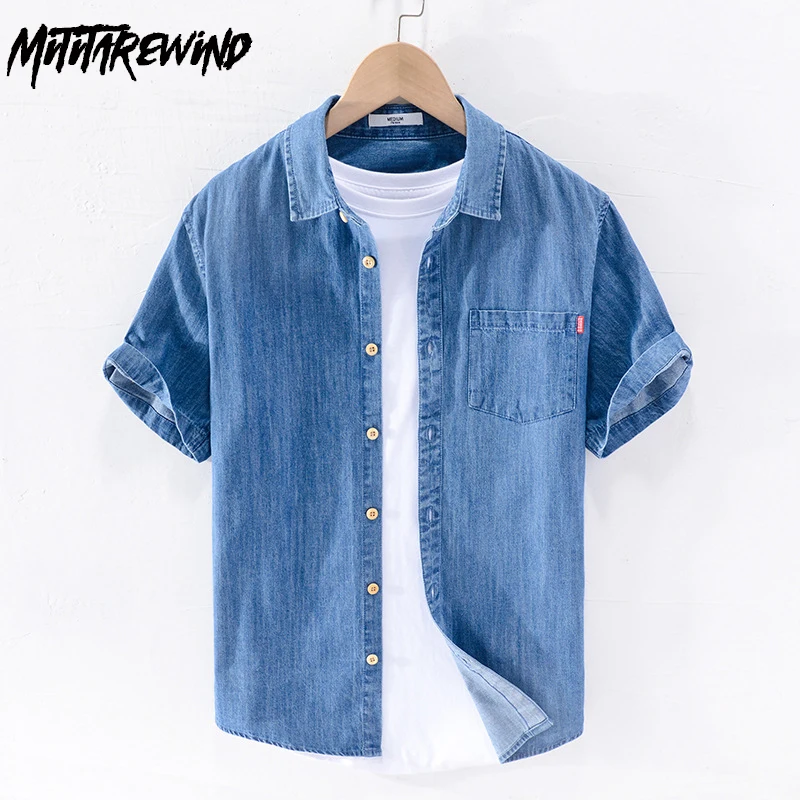 

Simple Fashion Short Sleeve Denim Shirt Men Summer Outdoor Causal Jean Shirt Daily Pure Cotton Comfort Men Top Handsome Clothes