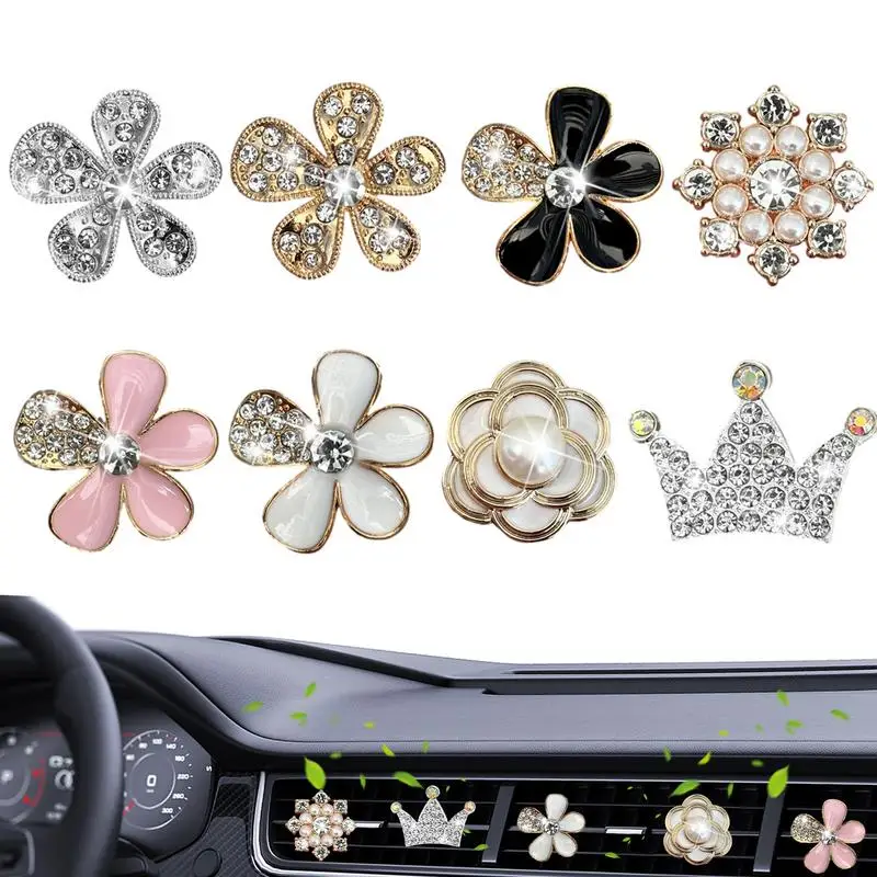 

8pcs Bling Air Outlet Clips Metal Automotive Rhinestone Interior Aroma Decoration Durable Flower Vent Clip For Cars Accessories